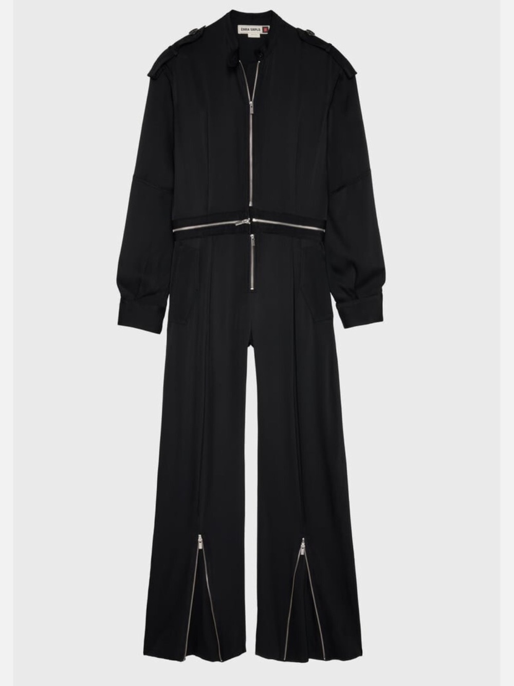 Zara Black Long-Sleeve Zip Jumpsuit with Waist Detail